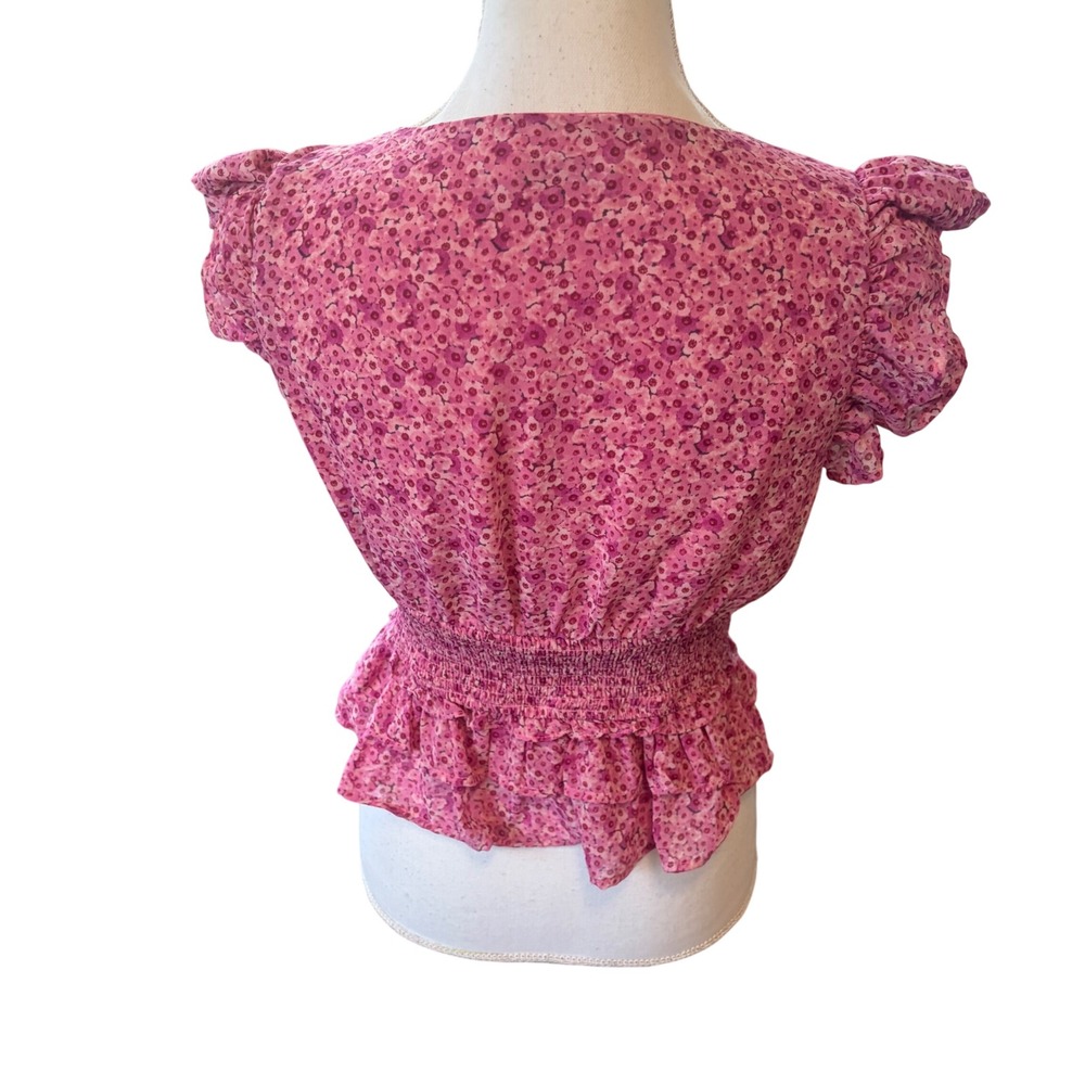 Lush Pink Floral Smocked Peplum Top Sz Small Ruffle Sleeve Cottagecore Soft Girl - Picture 3 of 8